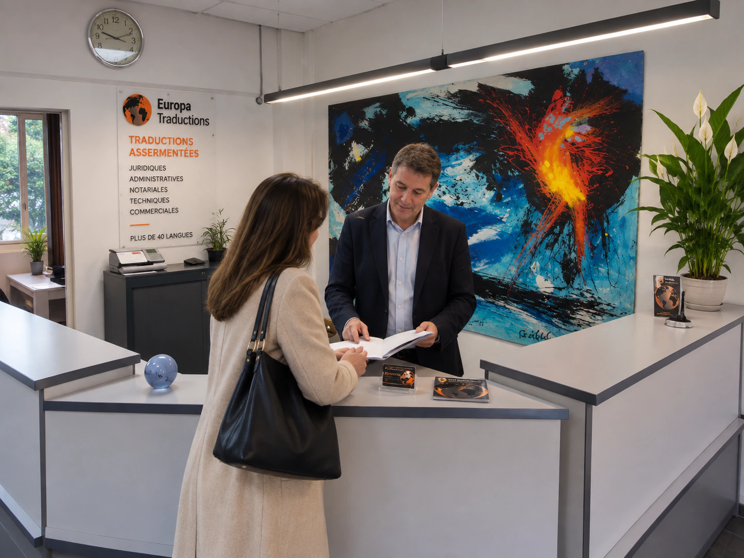 Accueil d'une cliente dans l'agence Europa Traductions à Perpignan