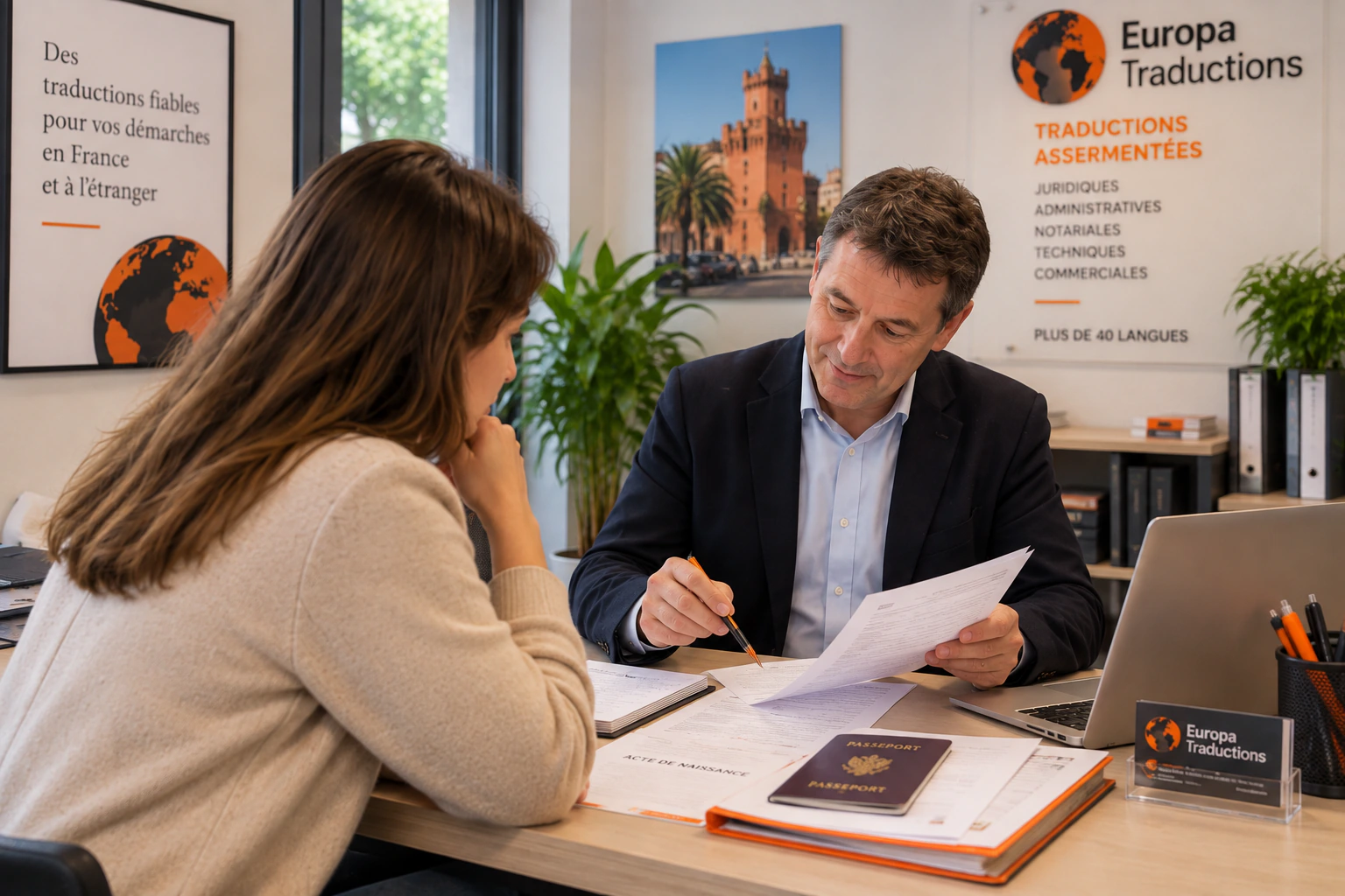 Une cliente conseillée pour ses documents dans l'agence Europa Traductions