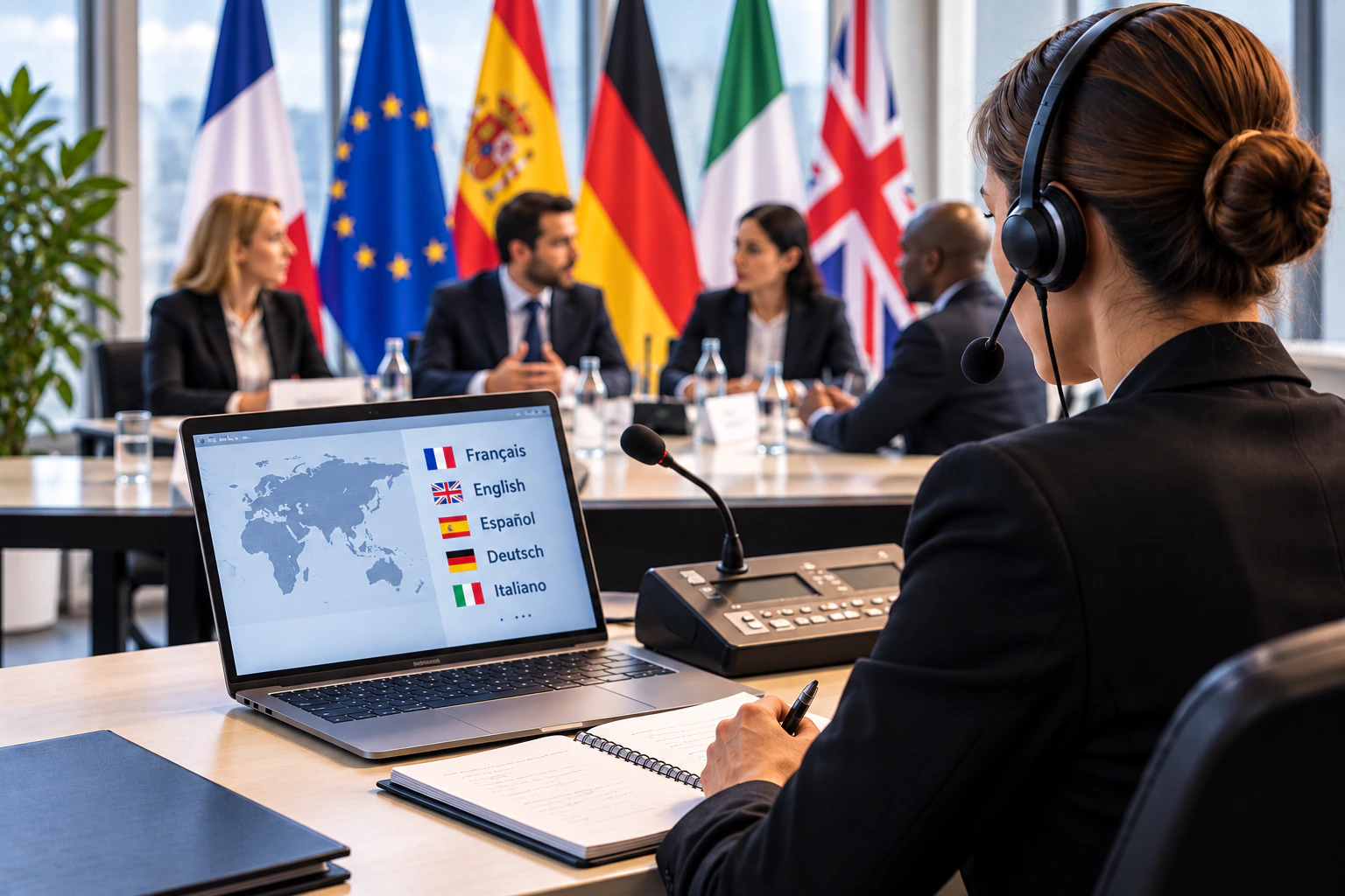 Interprète avec casque lors d'une réunion internationale