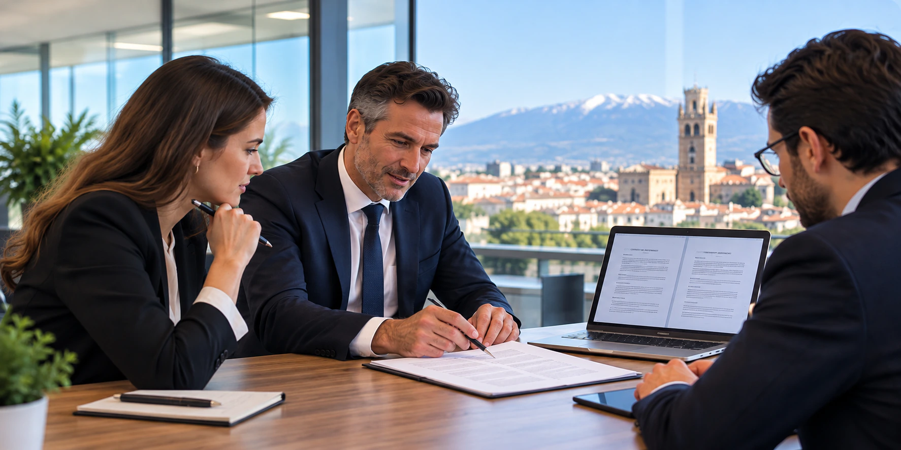 Trois professionnels réunis autour de documents, avec Perpignan en arrière-plan